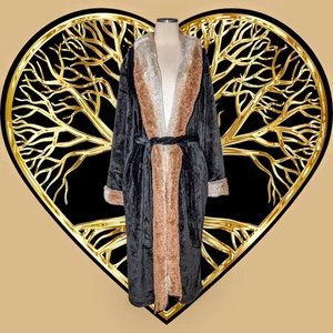 SECRET TREASURES Black Caramel Brown OMBRE Faux Fur Trim Long Robe Women's Large - Picture 1 of 9