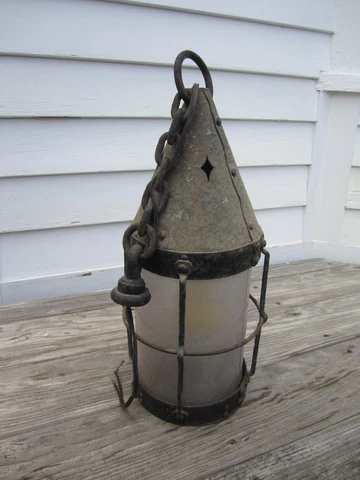 Antique hanging porch light - wrought iron, tin and glass Cover