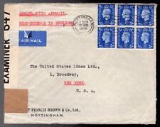 GB Nottingham 1940 Censored Airmail Cover to USA