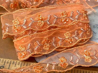 embroidered 1960s hand sewn sheer sequins 1" flowers trim orange 1yd - Image 1 of 3