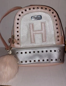 Justice Mini Backpack Pink Silver White Silver Studded Puffy Pom Zip Letter "H" - Picture 1 of 5