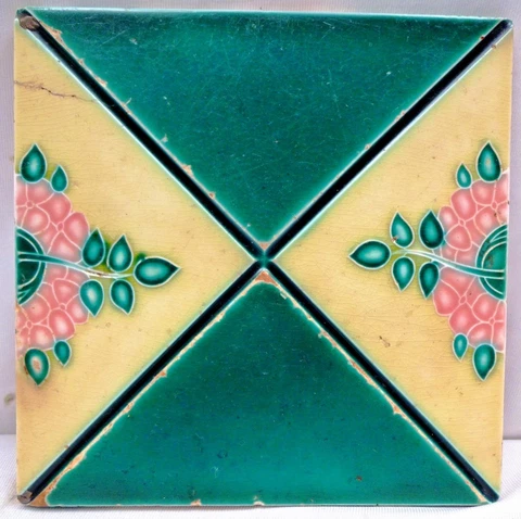 Antique Tile Majolica Japan Art Nouveau Flower Design Architectural Ceramic Old Cover