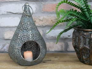 Gold Metal Teardrop Morrocan Candle Lantern Antique Decorative Brushed Grey Gift - Picture 1 of 3