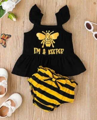 女宝宝蜜蜂薄纱背心蝴蝶结条纹开花器 2 件套夏季儿童 9-12 个月 — 第 1/4 张图片