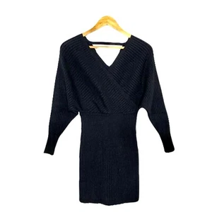 Princess Polly Black Wing Sleeve Cross Neck Knit Dress Women M / L Ribbed #sh2 - Picture 1 of 6