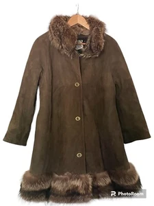 Vintage Bullocks Wilshire Wildleder Ledermantel Fellbesatz lang Damen L? - Bild 1 von 15