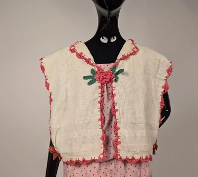 EDWARDIAN WHITE TERRY CLOTH TOP W LACE + CROCHET FLORAL + SILK RIBBON SIDES - Image 1 of 4