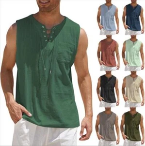 US Mens Cotton Linen Sleeveless T-shirt Casual Loose V Neck Lace Up Tops Tunic - Picture 1 of 19