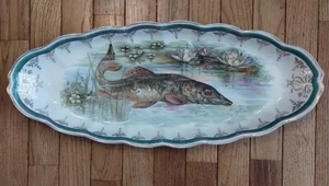 Antico piatto ovale piatto piatto 21" Sterling China Fish Gar Pike Muskie - Foto 1 di 10