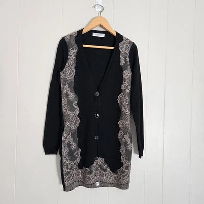 Valentino Lace Accent Long Cardigan Merino Wool Silk Blend Pockets Luxury FLAW S - Image 1 of 4