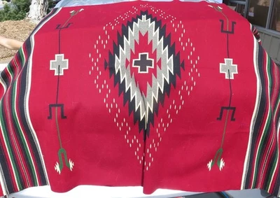 Alfombra grande vintage tejida a mano de lana mexicana en rojo, verde, beige, gris 76" x 50"  Foto 1 de 4