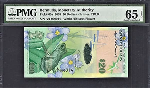 Bermuda $ 20 Hybrid Polymer 2009 1. Präfix NIEDRIG # A/1 000014 P-60b EDELSTEIN UNC PMG 65 - Bild 1 von 2