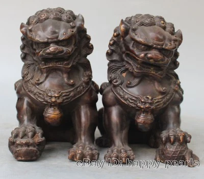 AntiqueOld Fengshui Bronze Guardian Fu Foo Dogs Lion Door Leo Statues Lions Pair - Image 1 of 4