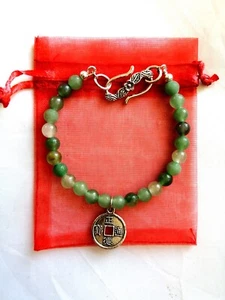 Feng Shui green Aventurine beaded bracelet with Chinese coin charm 7.25 inches - Picture 1 of 4