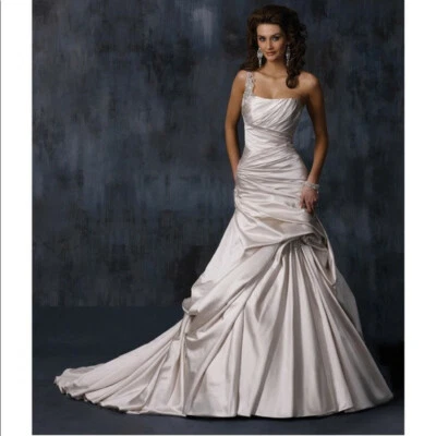 Maggie Sottero 12 Wedding Dress Fiorella Alabaster Satin Bling Ball Gown Draping - Image 1 of 4