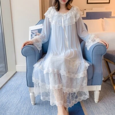 Nightgown Lace Women Lolita Trimming Vintage Long Sleeve Nightdress Sleepwear - Image 1 of 4