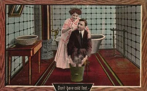 Vintage Postcard 1912 Don't have cold feet Couple Man and Woman In Bathroom - Picture 1 of 2