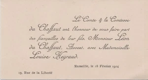 1904 Faire-part fiançailles Léon AMAUDRIC du CHAFFAUT Louise HEYRAUD Marseille - Picture 1 of 1