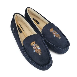 POLO Ralph Lauren Dezi pantofole mocassino donna taglia 9 pelle scamosciata blu navy orsetto - Foto 1 di 7