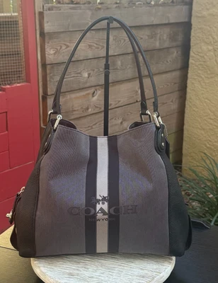 COACH EDIE 31 HORSE AND CARRIAGE JACQUARD CANVAS LEATHER SHOULDER BAG BLACK GREY - Image 1 of 4