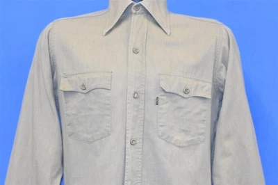 vintage 70s LEVIS KHAKI SOLID COTTON BIG COLLAR TAPERED BUTTON DOWN SHIRT S - Image 1 of 4