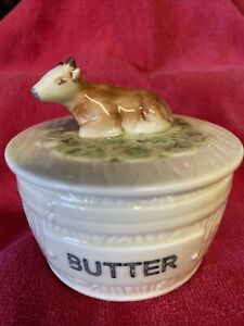 Round Butter Dish Vintage Style With Cow On Lid Light Green by Pioneer Woman