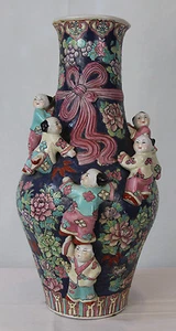 Jarrón de porcelana fino chino esmaltado azul rosa familiar para 7 niños - Imagen 1 de 12