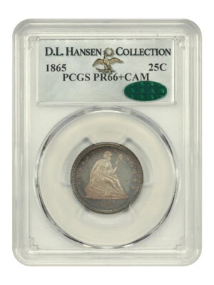 1865 25C PCGS/CAC PR66+CAM ex: D.L. Hansen - Liberty Seated Quarter - Image 1 of 4