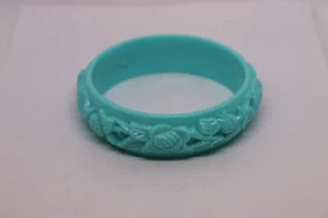 Vintage Bangle Bracelet Light Teal Blue Carved Roses Floral Plastic Lucite? - Picture 1 of 13