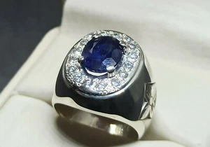 Natürlicher 2,5 ct königsblauer Saphir Sterlingsilber 925 Handarbeit Neelam Herrenring - Bild 1 von 12