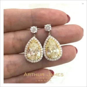 Art Deco Style Halo Drop Earrings Pear Cut Simulated Yellow Citrine Gift for Mum - Picture 1 of 11