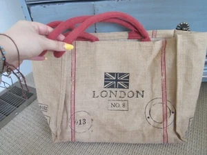 NEW London Jute Tote Bag Book Beach Shopping TAN Red Handles England UK - Picture 1 of 2