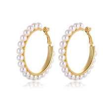 Pearl Hoop Earrings 50mm Silver & Gold Big Hoop Earrings 