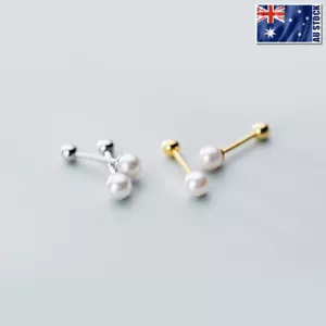REAL 925 Sterling Silver Pearl Bead Women Stud Earrings Ear Piercing Screw Back - Picture 1 of 7