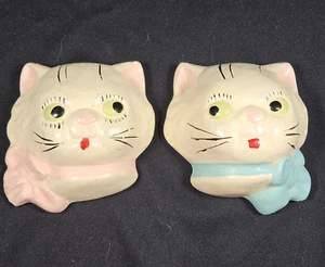 Vintage Chalkware Kitten Cat Faces, Boy #208 (Blue) & Girl#209 (Pink)/Made in CA - Picture 1 of 15