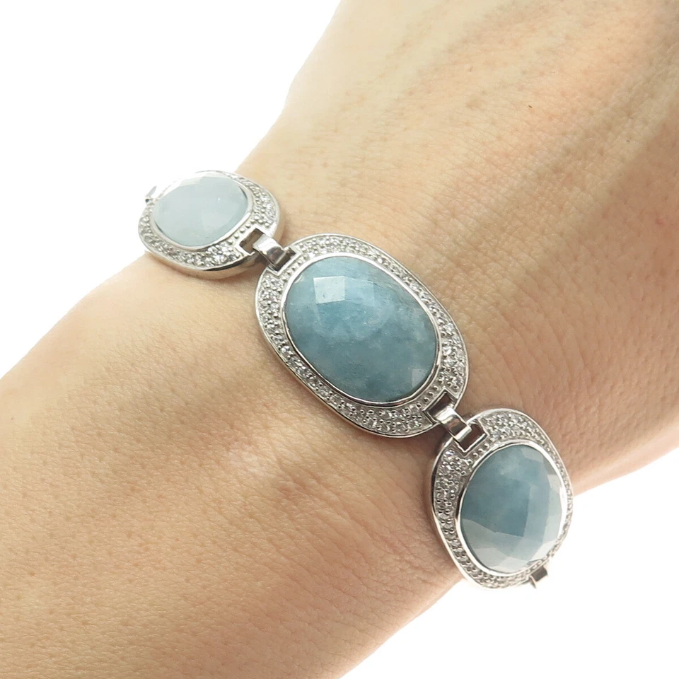 Pulsera de plata de ley 925 aguamarina lechosa real y C Z 7,25" Foto 1 de 4