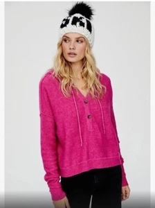 FREE PEOPLE Praline Cozy Hooded Boxy Henley Sweater Pink M Medium - Picture 1 of 9