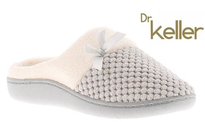 DR KELLER LADIES GREY FLEECE LINED SLIP ON SLIPPERS MEMORY FOAM COMFORT MULES WOMENS SIZE