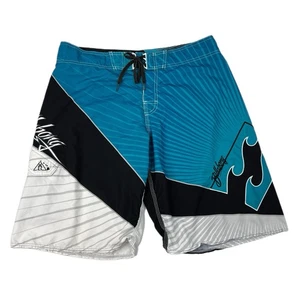 Y2K Billabong Andy Irons Board Shorts Wave Blue Black Size 36 Waist - Picture 1 of 9