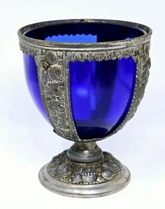 Vintage Ornate Spelter Chalice Compote Cobalt Blue Glass Insert Dish Japan 60's - Picture 1 of 10