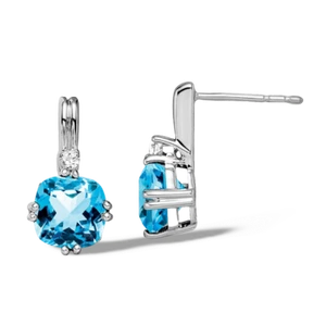 14K Solid White Gold Cushion-cut Swiss Blue Topaz Diamond Dangle Earrings - Picture 1 of 4