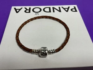Pandora Brown Leather Braided Bracelet Barrel Clasp 8” - Picture 1 of 4