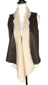 Denim & Co Brown Faux Leather Open Vest with Sherpa Lining & Collar Size L New - Picture 1 of 6