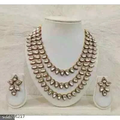 Indian Gold Plated Kundan Bridal Long Layered Pearl Wedding Necklace Jewelry Set - Image 1 of 4