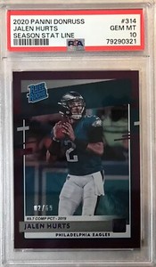 2020 Panini Donruss Jalen Hurts #2/69 Purple Season Stat Line RC #314 💎PSA 10💎
