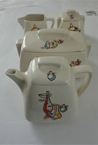 4 Piece MCM Modern Stanford Sebring Pottery Lucky Tea Set Teapot Creamer Biscuit - Picture 1 of 11