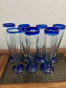 7 Cobalt Blue Rimmed Hand Blown Fluted Champagne Pilsner Glasses Mexico - Picture 1 of 3