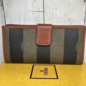 FENDI Pequin Long Wallet Logo FF Leather PVC Brown Authentic - Picture 1 of 20