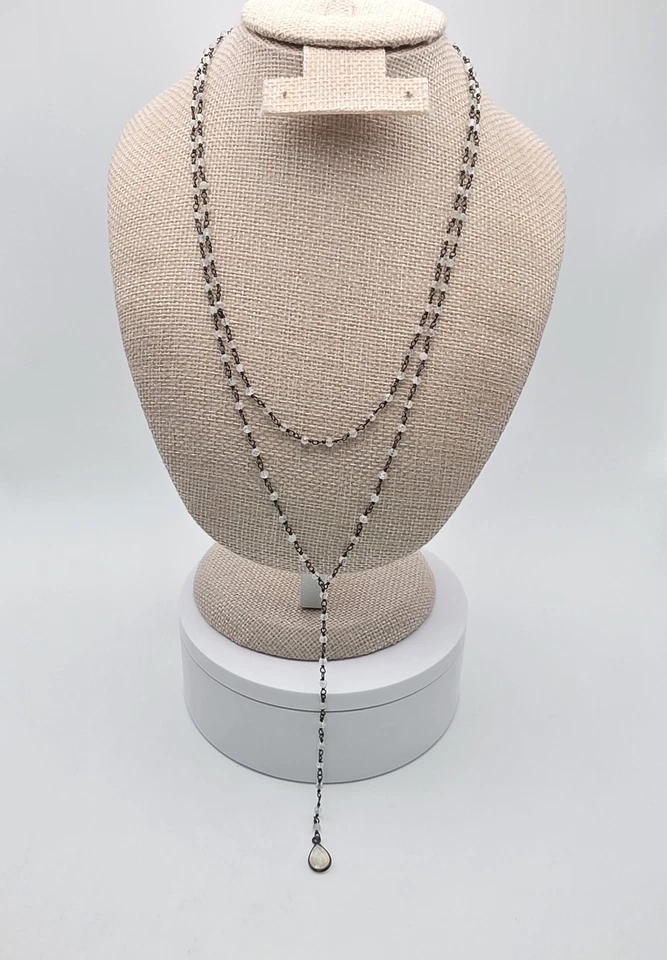 Collar Y Piedra Lunar Genuina De Colección Plata Esterlina 925 Doble Hilo Y Gota 14" Foto 1 de 4