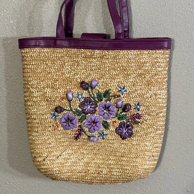 Woven Straw Bag Blue Flower Beading Embroidery White Stag Vtg Boho Cottage - Image 1 of 4